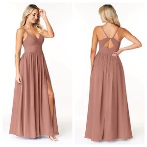 Azazie Dominic Chiffon Floor Length Bridesmaid Gown Dress Cedar Rose Size A6